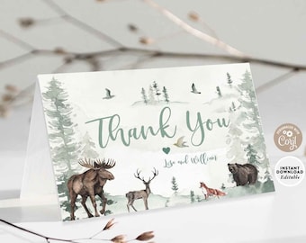 Op de afbeelding: Een aquarelbedankkaart met een bosmotief. De kaart toont een eland, een hert, een vos en een beer in een boslandschap. De tekst "Bedankt" is geschreven in een groen handschrift. De tekst "Lise en William" is geschreven in een kleiner lettertype onder de hoofdtekst.