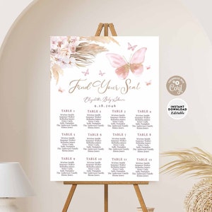 BEWERKBAAR Boho Blush Mauve Roze Pampas Gras Vlinder Zitplaatsen Grafiek Teken Meisje Boho Baby Douche Afdrukbare Sjabloon Instant Download 08V3