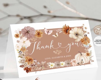 Fall Pumpkin Thank You Card: Autumn Wildflower Butterfly Shower Template 1220K1