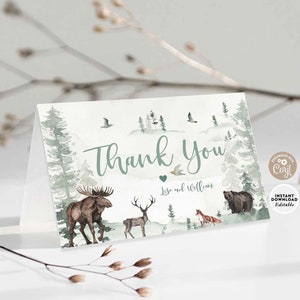 EDITABLE Woodland Forest Animals Folded Thank You Card Deer Bear Fox Moose Baby Shower Thank You Card Printable Instant Download 941V1