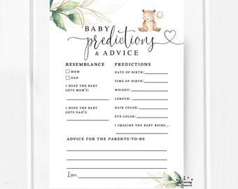 Teddybeer Baby voorspellingen en advies Greenery Gold We kunnen Bearly Wait Bear Baby Shower Game Card afdrukbare Instant Download 1305V1