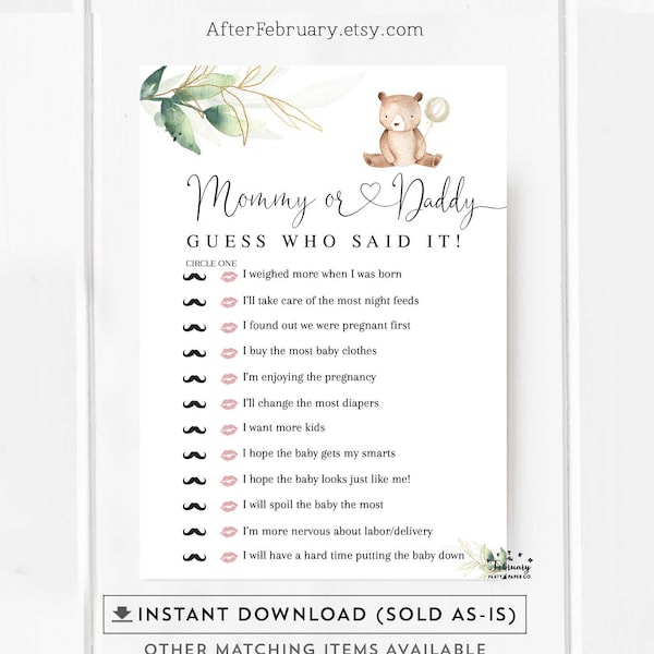 Mommy or Daddy Game Greenery Gold We Can Bearly Wait Teddy Bear Gender Neutral Baby Shower Games Printable // INSTANT DOWNLOAD 1305V1