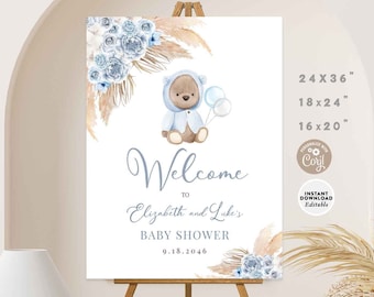 EDITABLE Boho Bear Baby Shower Welcome Sign Boy Teddy Bear Boho Baby Shower Welcome Sign Printable Template Instant Download 400V1
