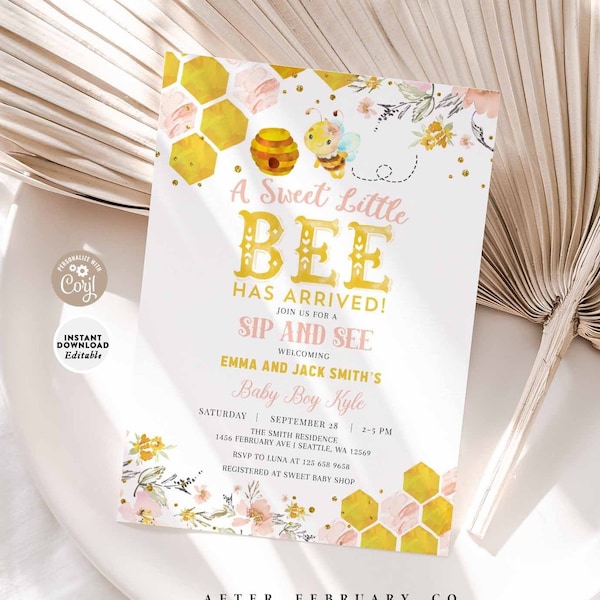 Editable Bumble Bee Baby Meet and Greet Girl Blush Pink Floral Yellow Honey Bee Baby Printable Template Instant Download 1579V1 (3)