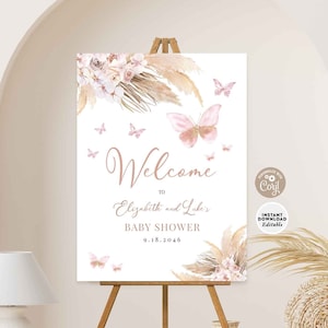 EDITABLE Girl Pink Blush Pampas Grass Boho Butterfly Baby Shower Sprinkle Segno di benvenuto Twin Sign Modello stampabile Download istantaneo 08V3