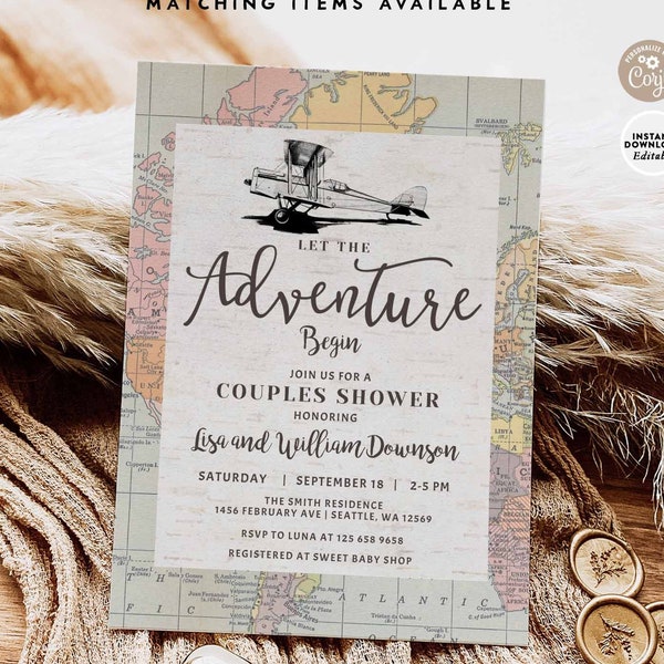 EDITABLE Vintage Airplane Adventure Couples Shower Rustic Map Traveling Travel Wedding Engagement Invite Printable Instant Download 292V1