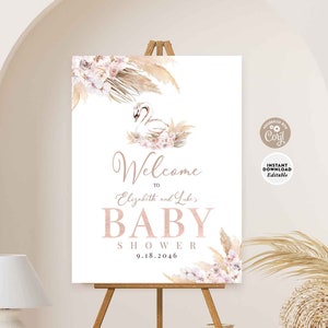 BEARBEITBAREs Boho Pink Pampas Gras Schwan Baby Shower Willkommensschild Mädchen Boho Baby Shower Willkommensschild Druckbare Vorlage Instant Download 940V1