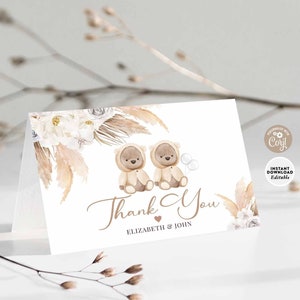 Editierbare Zwillinge Zwillinge Pampas Gras Boho Neutral Teddybär Danke Klappkarte Bär Danke Karte Druckbare Vorlage Instant Download 400V9