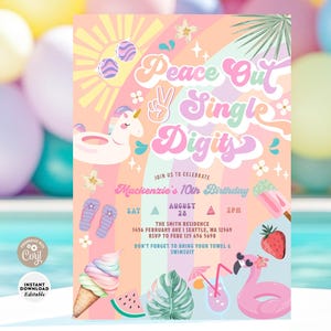 Pode incluir: Um convite colorido para uma festa de aniversário de 10 anos com tema de verão. O convite apresenta um arco-íris, um unicórnio, um flamingo e o texto "Peace Out Single Digits".