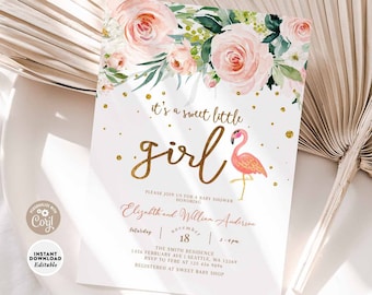 EDITABLE Flamingo Baby Shower Invitation Blush Pink Gold Tropical Baby Shower Invite Digital Printable Template Instant Download 192