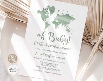 Oh Baby Adventure Baby Shower Invitation Sage Green Gender Neutral  World Map Travel Theme Baby Shower Invite Digital Printable 96V1 (1)