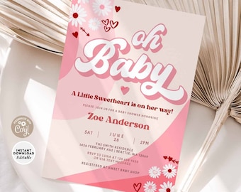 EDITABLE Retro Groovy Valentine Sweetheart Baby Shower Invitation Valentines Day Baby Invites Sweetheart Printable Instant Download 84V1 (1)