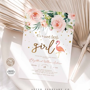 EDITABLE Flamingo Baby Shower Invitation Blush Pink Gold Tropical Baby Shower Invite Digital Printable Template Instant Download 192