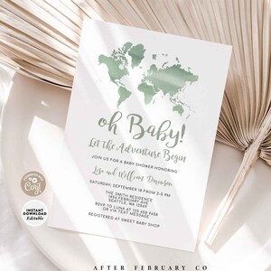 Oh Baby Adventure Baby Shower Uitnodiging Salie Groen Gender Neutrale Wereldkaart Reis thema Baby Shower Nodig Digitale Afdrukbare 96V1 (1)