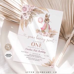 Modificabile Flopsy Bunny Pink Pampas Grass Peter Rabbit Birthday Invitation Easter Bunny Girl 1st Birthday Printable Instant Download 593K1