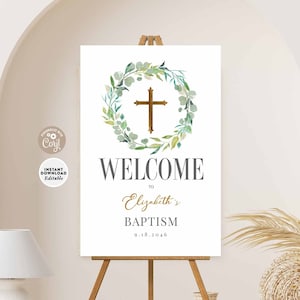 Editable Greenery Baptism Welcome Sign Green and Gold Christening 1st Holy Communion Decorations Printable Template Instant Download 1515R1