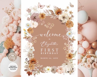 EDITABLE Fall Wildflower Baby Shower Floral Butterfly Baby Sprinkle Brunch Welcome Sign Printable Template Instant Download 1220K1