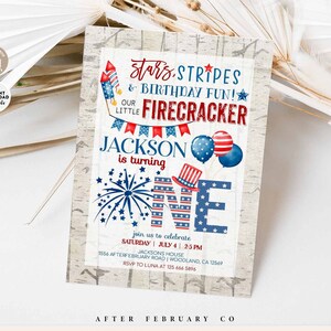 EDITABLE Rustic 4th of July First Birthday Invitation Firecracker Boy Blue Red Fourth of July 4th Birthday Party Invitation Invites No.1477