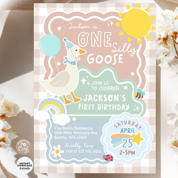 Invitación para el primer cumpleaños de un niño: Plantilla de invitación de animales de granja para niño 703 (2)