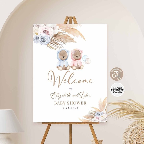 EDITABLE TWINS Boy Girl Boho Pink Blue Teddy Bear Baby Shower Welcome Sign Twin Baby Shower Sign Printable Template Instant Download 400T2