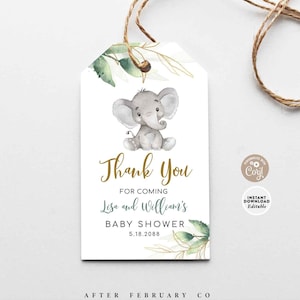 EDITABLE Neutral Greenery Gold Elephant Thank You Tag Gender Neutral Elephant Baby Shower Tag Printable Template Instant Download 1302V1