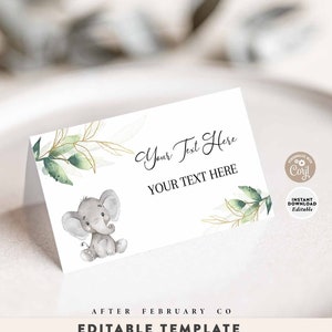 EDITABLE Greenery Gold Gender Neutral Elephant Buffet Food Tent Folded Place Card Food Table Decor Template Instant Download 1302V1