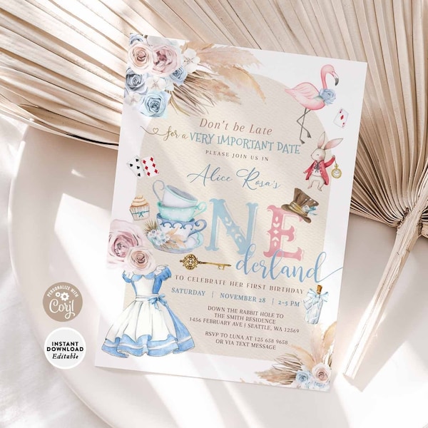 Editable Boho Pampas Grass Alice in Onederland 1st Birthday Mad Tea Party Invite Printable Template Instant Download 352K1 (1)