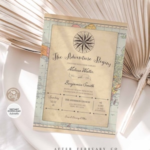 Aventura editable Wedding Adventure Begins Traveling Map Compass Travel Wedding Reception Invite Printable Template Instant Download 1269W1