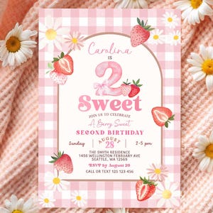 Two Sweet Strawberry 2nd Birthday Invitation: Pink Gingham Picnic Invite Template 353K1 (2)