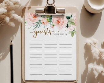 Op de afbeelding: Een printbaar gastenboek met een bloemmotief met roze rozen en groene bladeren. De tekst "guests" is geschreven in gouden letters met daaronder de woorden "Please sign in".