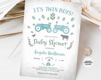 EDITABLE Blue Tractor Twins Baby Shower Invitation Egg Blue Farm Barn Animal Twin Boy Invitation Invitation Template Téléchargement instantané 586T1 (1)