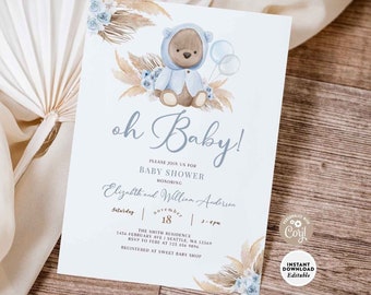Boy Teddy Bear Baby Shower Invitation: We Can Bearly Wait Invite Invites Template 400V1 (9)