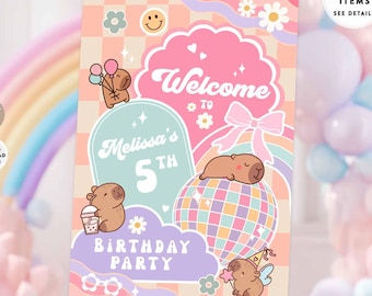 Editable Capybara Preppy Groovy Birthday Welcome Sign: Coquette Party Decor Template 24x36" + More Sizes 649K1