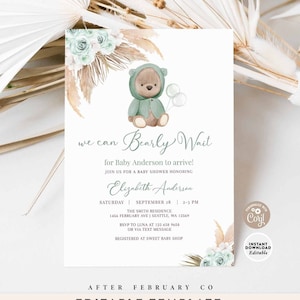 EDITABLE Sage Green Boho Bear Baby Shower Invitation Gender Neutral We Can Bearly Wait Invite Printable Template Instant Download 400V4 (2)