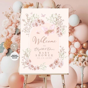 EDITABLE Baby Shower Blush Soft Baby&#39;s Breath Pink Grass Butterfly Baby Sprinkle Welcome Sign Printable Template Instant Download 338V1