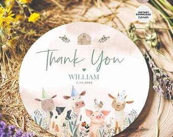 Blush Grün Bauernhof Tier Danke Favor Tag: Bauernhof Geburtstag Aufkleber Bearbeitbare Vorlage 198K2