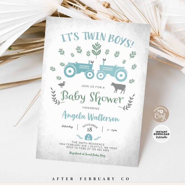 EDITABLE Blue Tractor Twins Baby Shower Invitation Egg Blue Farm Barn Animal Twin Boy Invitation Invite Template Instant Download 586T1 (1)