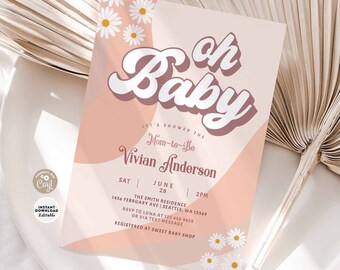 EDITABLE Retro Daisy Groovy Baby Shower Invitation 70&#39; Vintage Groovy Baby Shower Invites Printable Template Instant Download 77V1 (1)