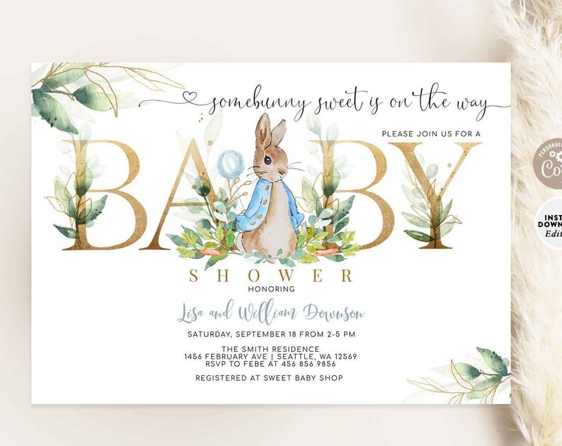EDITABLE Greenery Gold Some Bunny Sweet Peter Rabbit Baby Shower Invitation Invite Template Instant Download 1304V1 1
