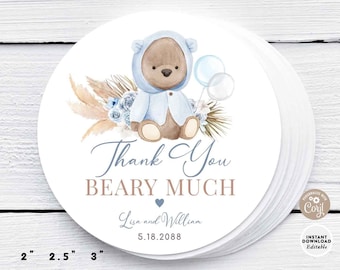 EDITABLE Boho Boy Teddy Bear Thank You Beary Much Circle Round Sticker Tag Bear Tag Label Printable Template Instant Download 400V1