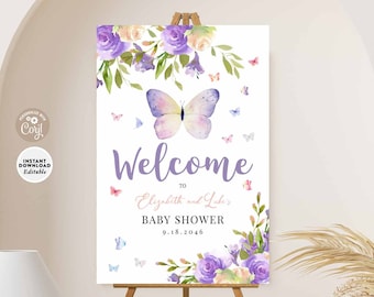 EDITABLE Butterfly Welcome Purple Lavender Floral Girl Baby Shower Sprinkle Brunch Welcome Sign Printable Template Instant Download 71V1