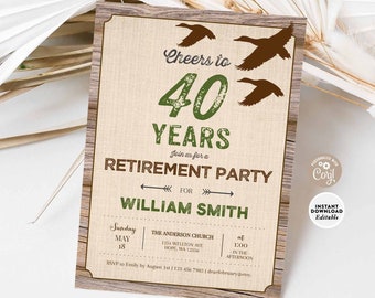 Editable Rustic Retirement Invitation Retirement Party Duck Hunting Rustic Retirement Celebration Invite Printable Instant Download 983R1