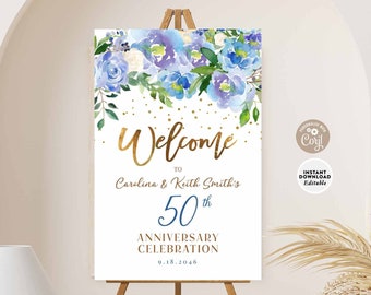 Editable Blue Floral ANY EVENT Welcome Sign Anniversary Wedding Bridal Baby Shower Birthday Welcome Party Template Instant Download 552