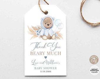EDITABLE Boho Boy Teddy Bear Thank You Beary Much Favor Gift Tag Bear Tag Label Printable Template Instant Download 400V1