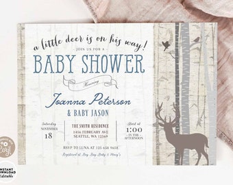 Editable Woodland Baby Shower Invitation Deer Taupe Blue Birch Vintage Retro Rustic Typography Invite Printable Instant Download 125V1 (2)