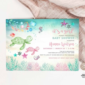 Tartaruga marina modificabile Baby Shower Ragazza Menta Rosa Corallo Sotto il mare Baby Shower Brunch Invito Modello stampabile Download immediato 1488V1 (1)