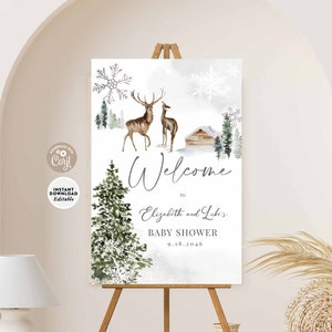 EDITABLE Winter Deer Woodland Fiocchi di neve Baby Shower Segno di benvenuto Stampabile Wedding Welcome Sign Digital Instant Download 656V1