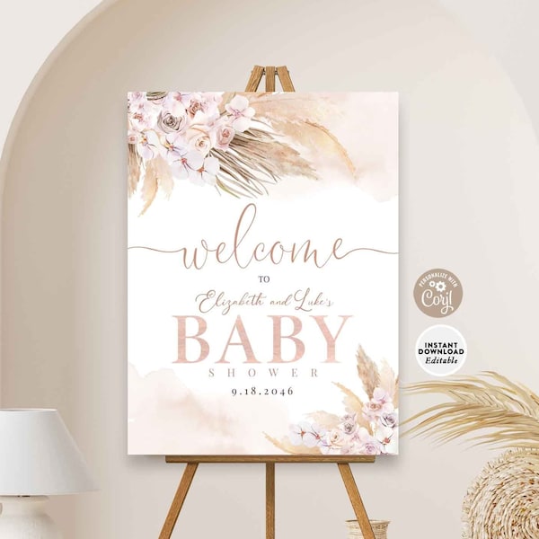 EDITABLE Boho Pink Pampas Grass Baby Shower Sprinkle Welcome Sign Girl Boho Shower Welcome Sign Printable Template Instant Download 411V1