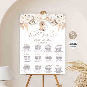 BEWERKBARE Boho Beige Crème Wit TeddyBeer Baby Shower Zitplaatsen Grafiek Teken Meisje Boho Baby Shower Afdrukbare Sjabloon Instant Download 400V5