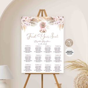 BEWERKBAAR Boho Roze Teddybeer Baby Douche Zitplaatsen Grafiek Teken Meisje Boho Baby Douche Afdrukbare Sjabloon Instant Download 400V2